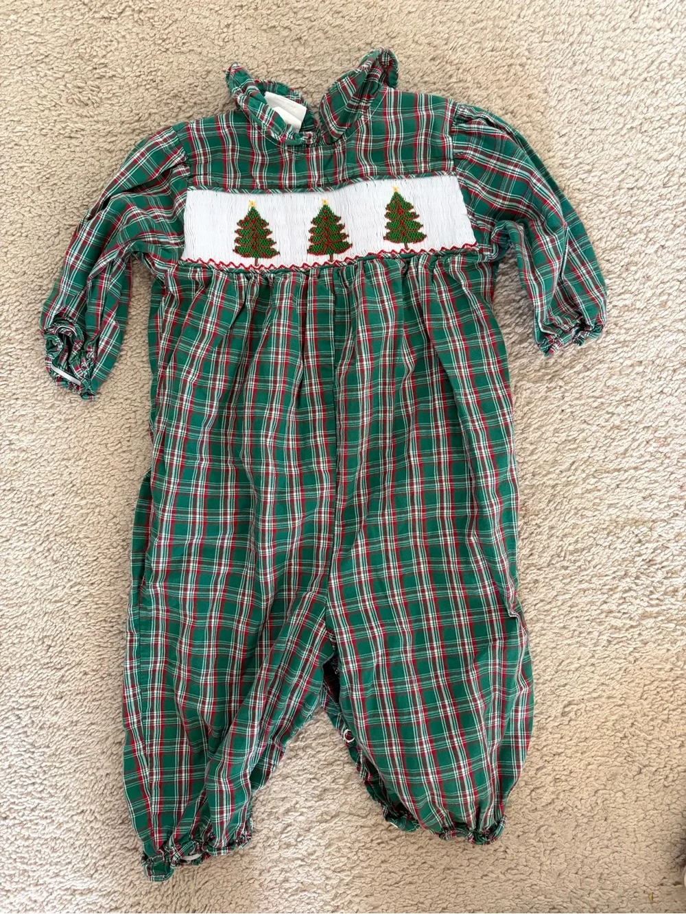 Green Plaid Holiday Smocked One-Piece with Christmas Trees